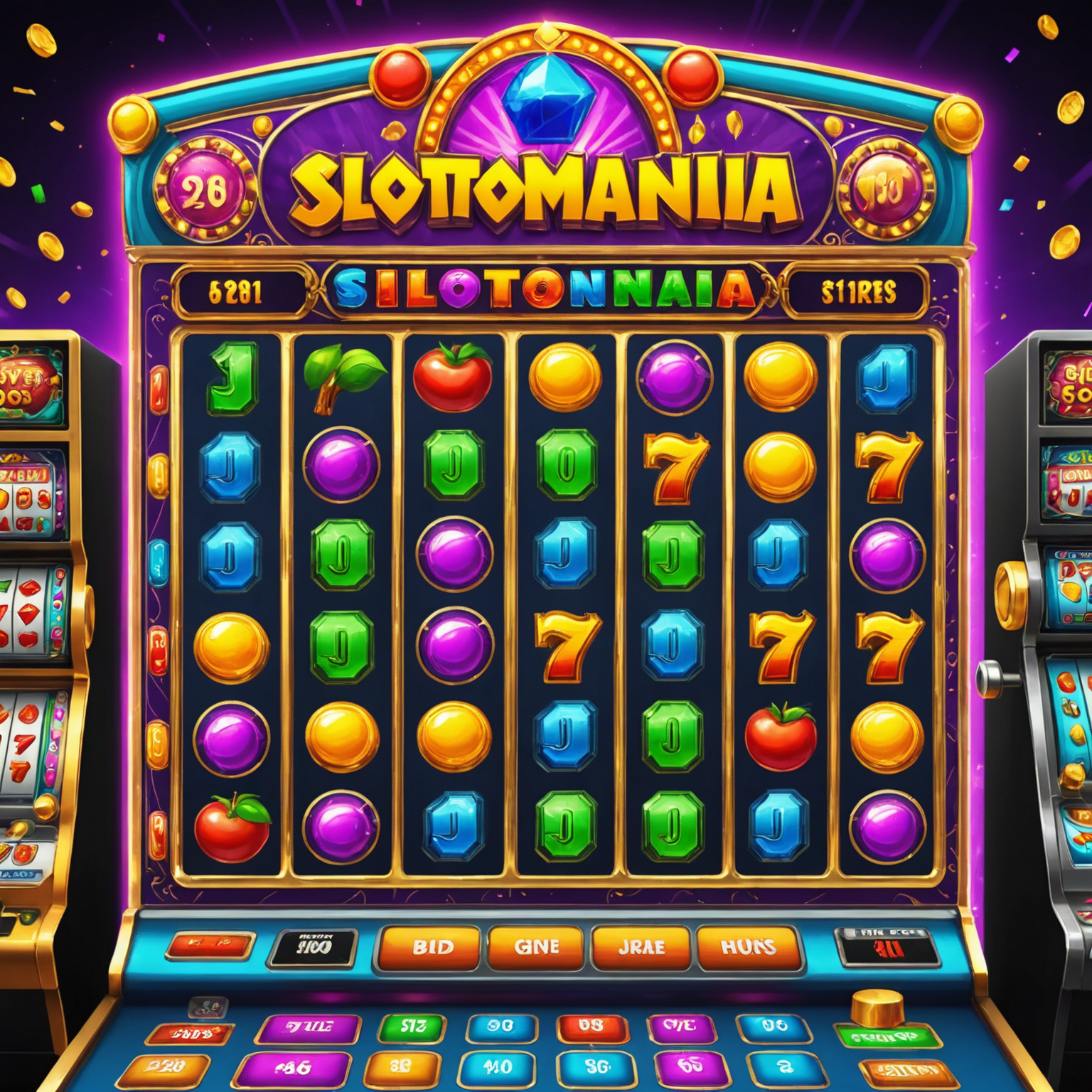 Screenshot of Slotomania game interface showing colorful slot machines and vibrant graphics