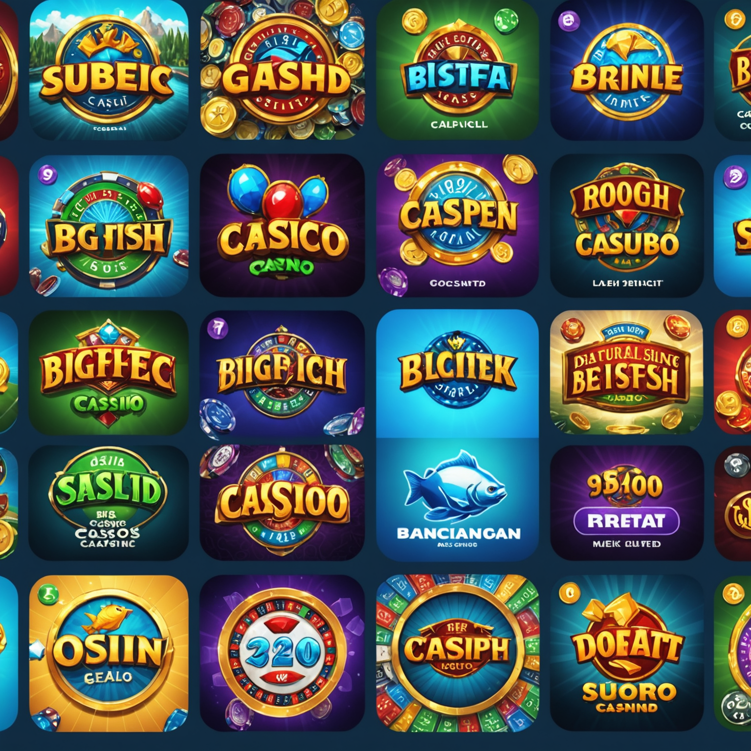Big Fish Casino app screenshot displaying various casino games including slots, poker, and blackjack