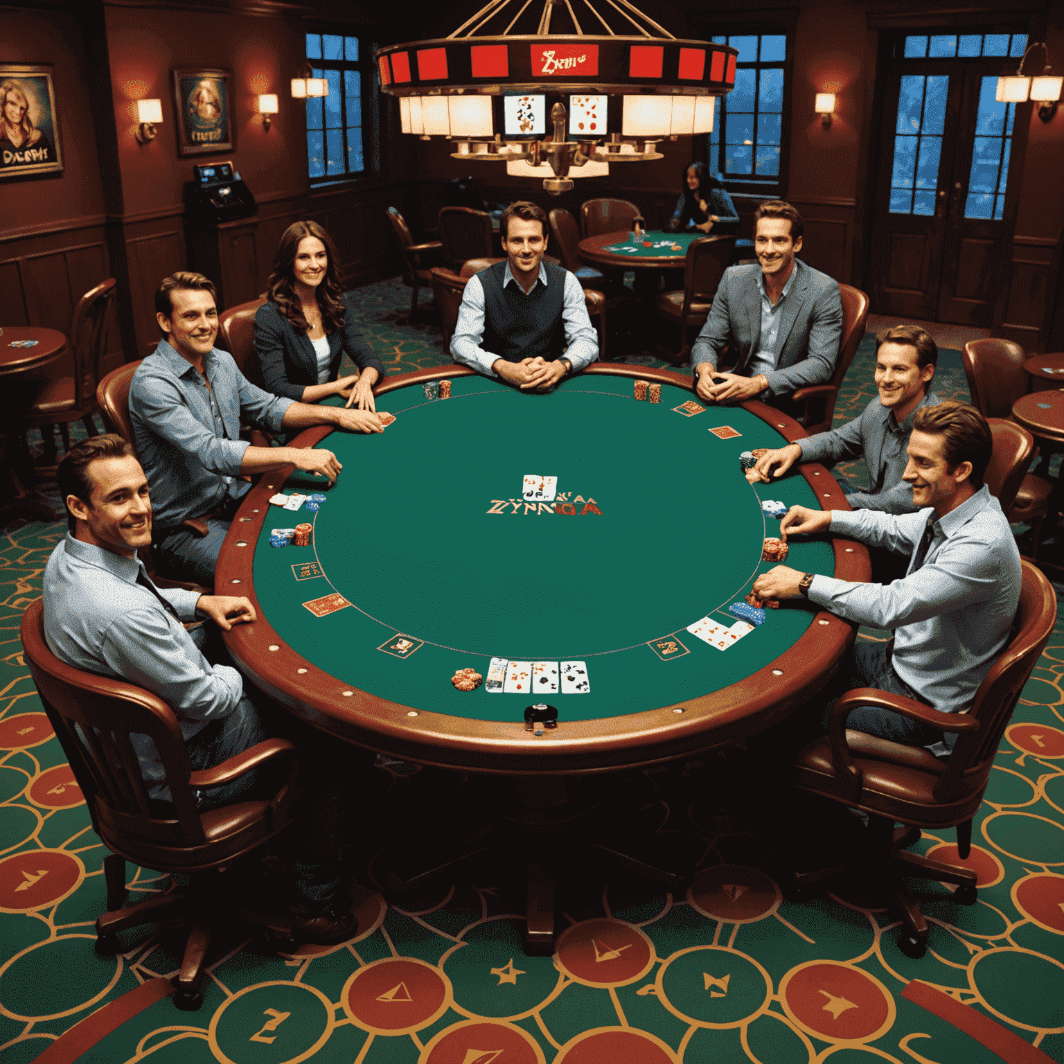 Zynga Poker game table with chips, cards, and player avatars