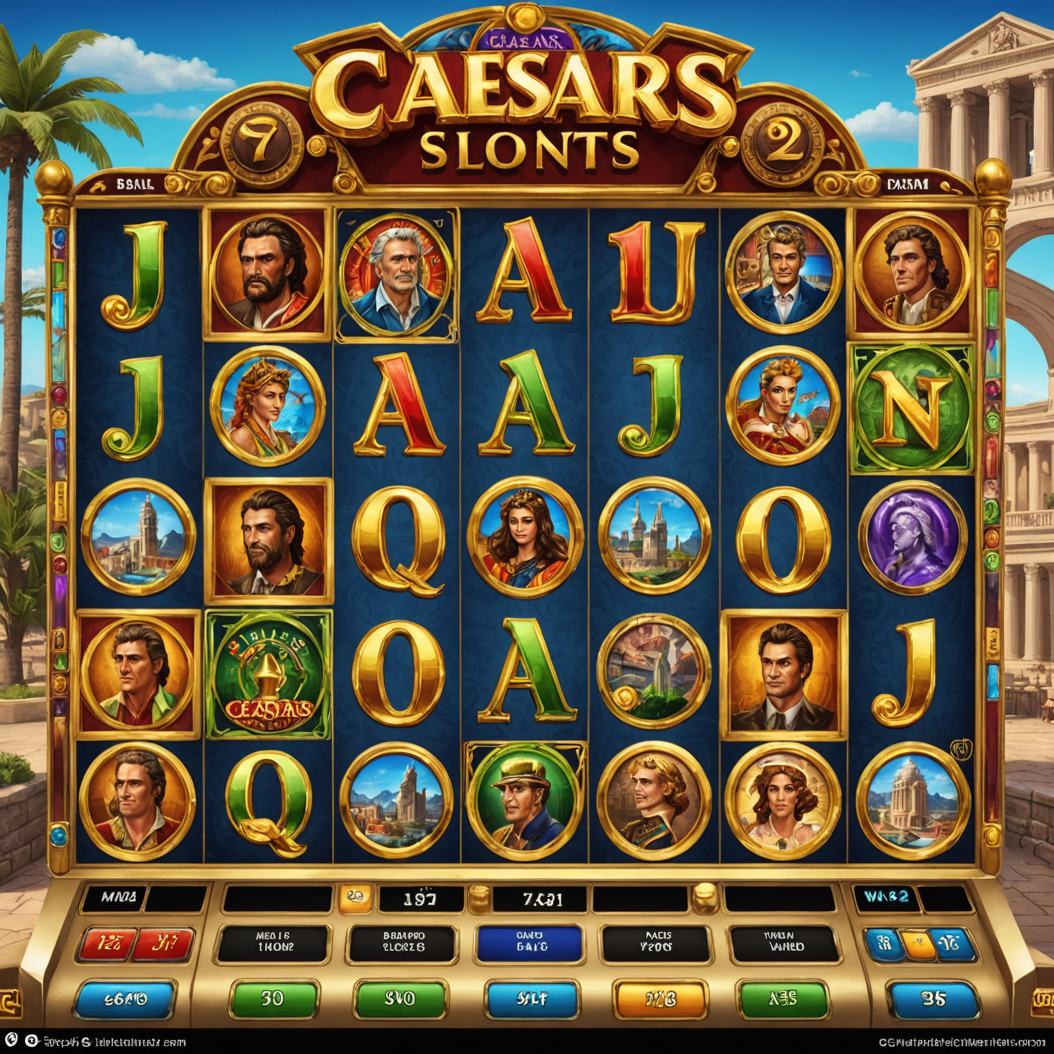 Caesars Slots main screen showing various themed slot machines and bonus games